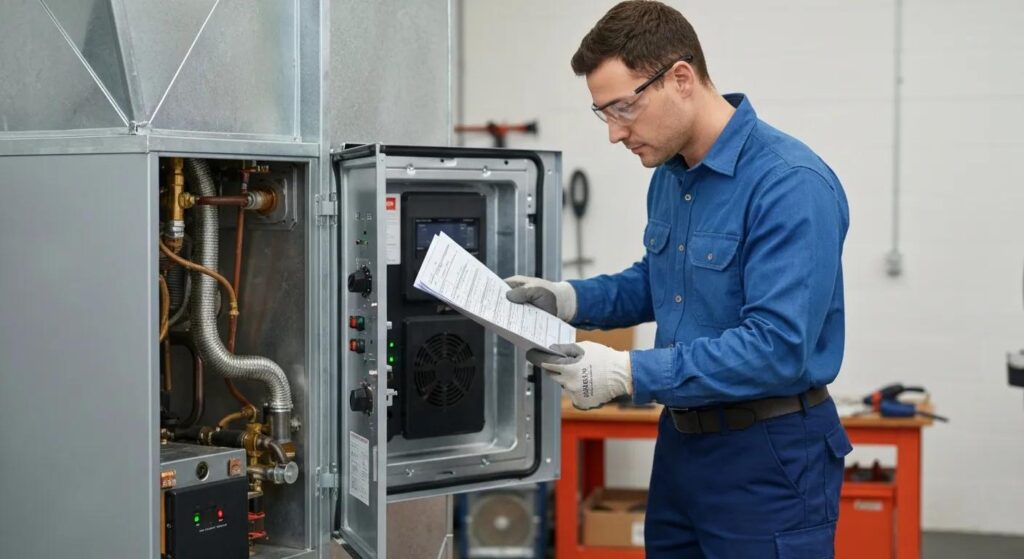 Technician checking a furnace against a maintenance checklist &mdash; safety and efficiency focus