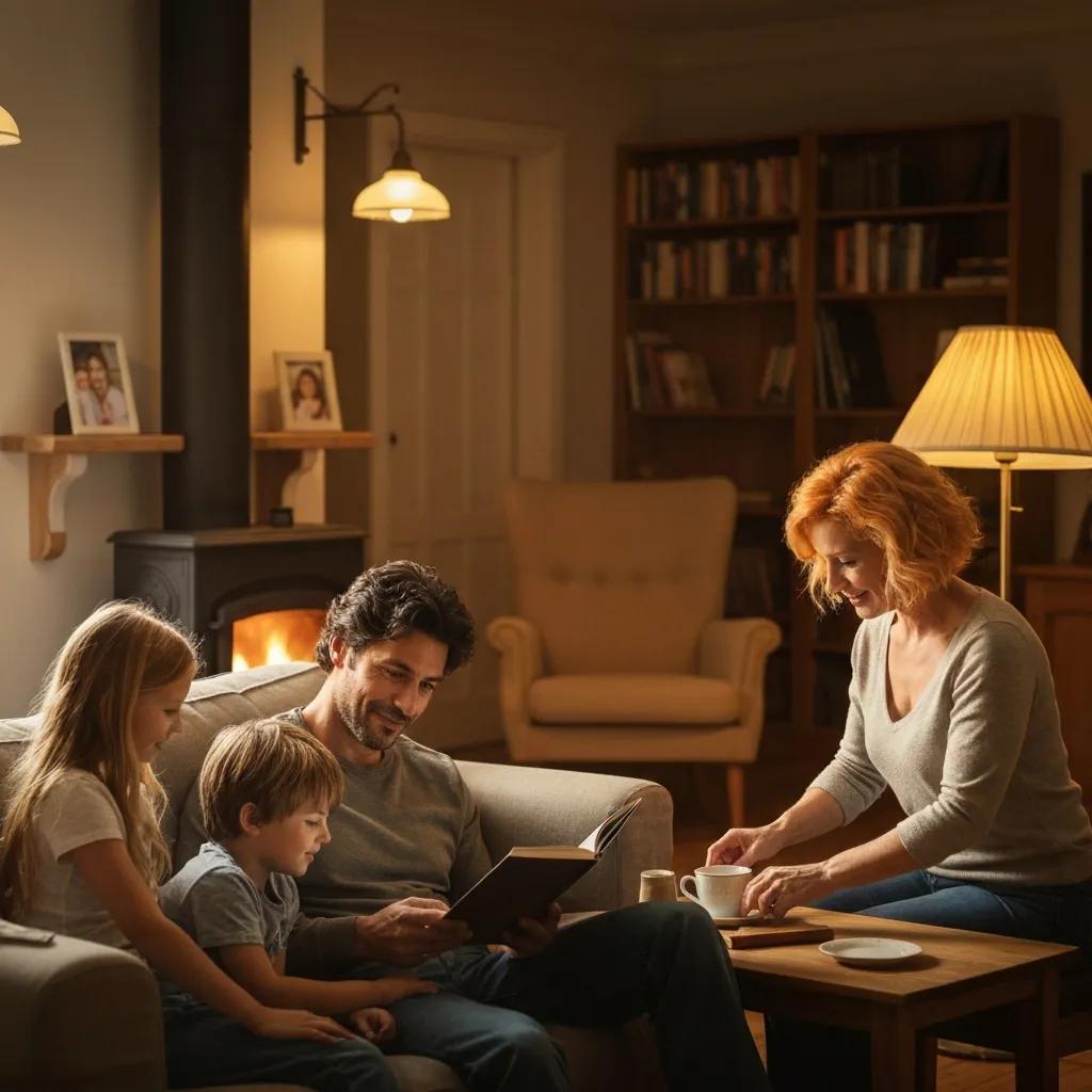 Family relaxing in a cozy living room &mdash; emphasizing furnace safety and home comfort