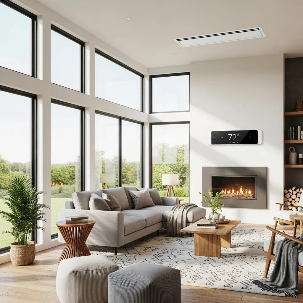 Energy-efficient HVAC system in a bright living room, showcasing comfort and modern living