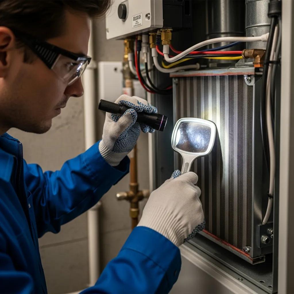 Technician checking a home heating system &mdash; seasonal checks prevent winter breakdowns