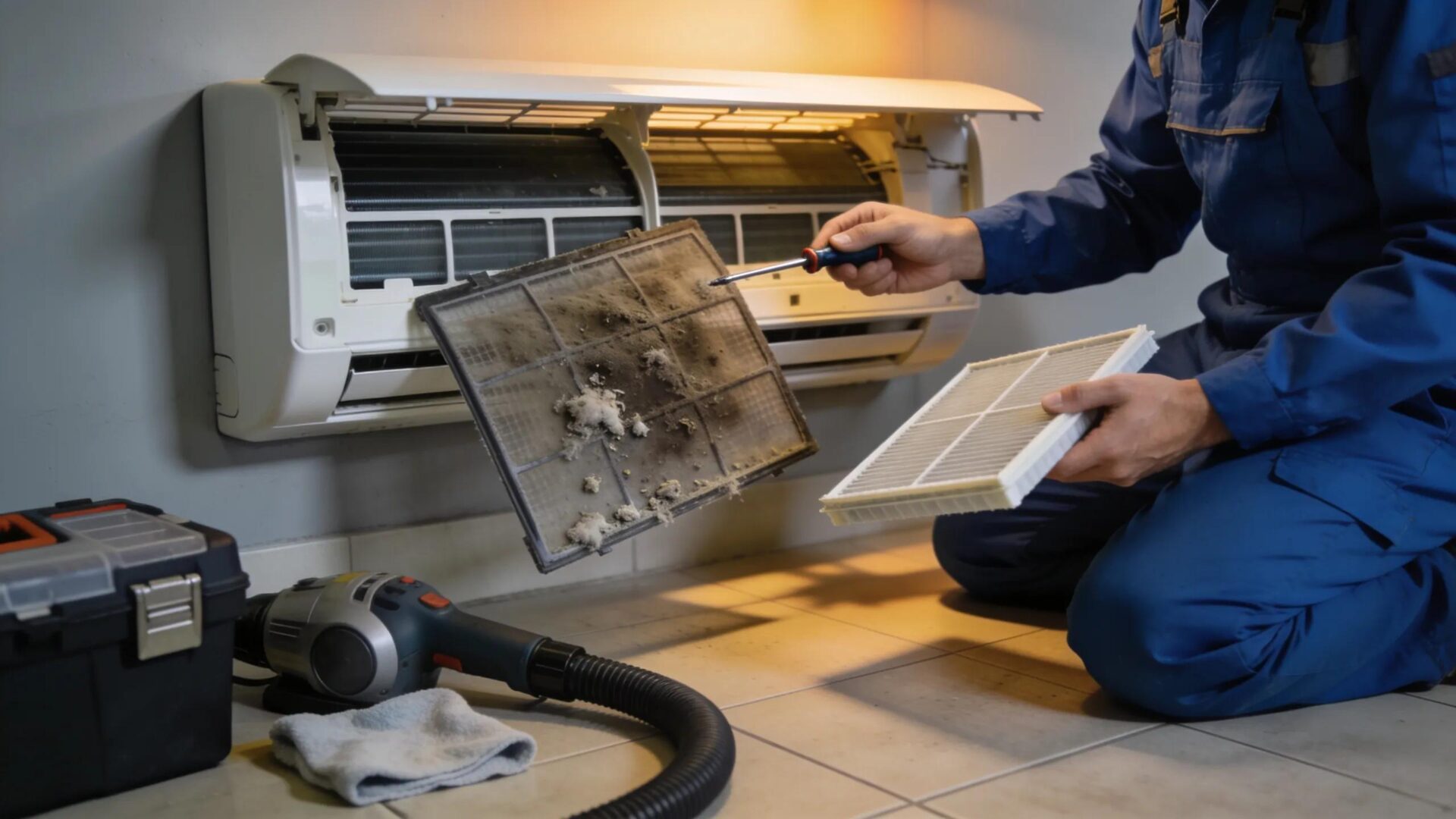 Is Your AC Not Cooling? Find Out Why - AC Repair Solutions 2 Individual inspecting an air conditioning unit, focusing on maintenance and troubleshooting common cooling issues
