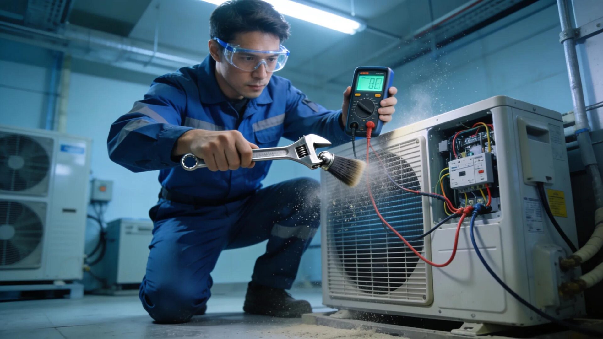 Is Your AC Not Cooling? Find Out Why - AC Repair Solutions 3 Technician conducting preventive maintenance on an air conditioning unit, illustrating the importance of regular upkeep