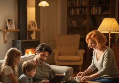 Family relaxing in a cozy living room &mdash; emphasizing furnace safety and home comfort