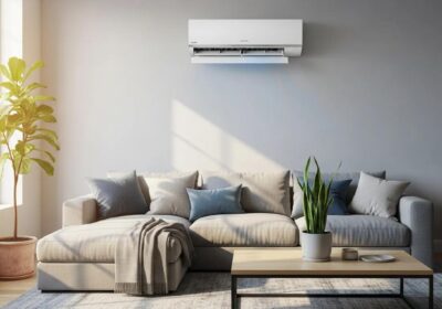 Modern air conditioning unit in a stylish living room emphasizing comfort and cooling