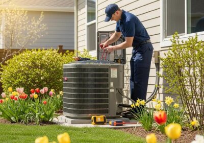 Technician performing a spring AC tune-up on a residential unit in a sunny backyard